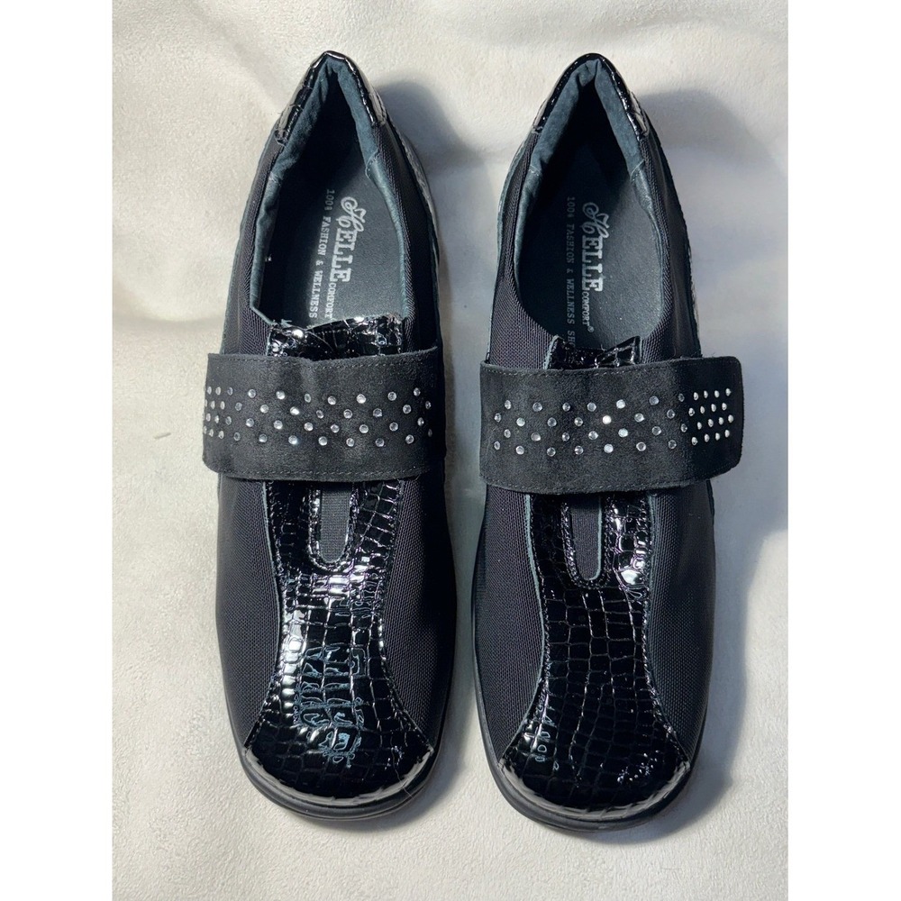 Elle Comfort Shoes Women 40 Black Walking Slip On Rhinestone Croc Embossed Strap